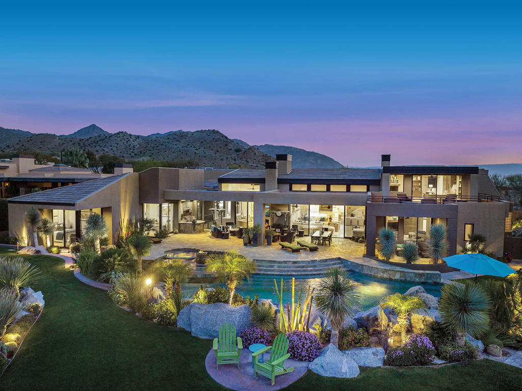 Welcome to your sunny destination within BIGHORN Golf Club! This home is a perfect layout, living well for just two, but can expand to accommodate friends and family. An extensive remodel in 2017 & 2018 shows timeless surfaces and designer appointments. Large master retreat includes two separate baths and private patio with access to pool and spa. Second spa off the master bath. Four additional suites, of which two are inside the main residence (one with a living room) and two are in a detached guest house with living room and morning bar. This home also includes a den/study with fireplace, custom built-in cabinetry, TV, full bath, walk-in closet and private patio (this could be a fabulous sixth bedroom suite if needed); a second office is located near the kitchen, with walls of glass and access to patios. The family room is open to the kitchen and breakfast room, with sliding glass doors to outdoor living and BBQ center. Additional amenities include a game/media room, formal dining room with wine display and buffets, and full paid solar. This location is centrally located, and is true walking distance to private member amenities, including The Marketplace & Starbucks, Dog Park, Kid's Playpark. The large covered outdoor living area faces south, and includes pool, spa, fireplace with lounge seating and TV, all with unobstructed views of BIGHORN's Mountain course 9th green and lake . Three-car plus two-cart garage. Offered furnished.