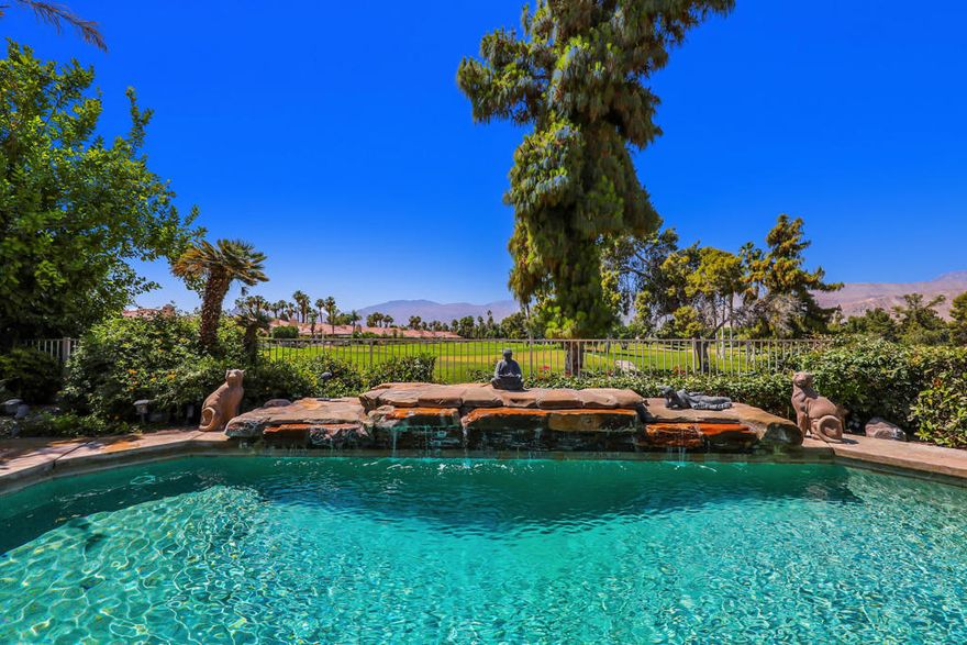 Welcome to sought-after Rancho Mirage Country Club. This rare, freestanding two-story home is one of only eight of this larger model ever built in Ranch Country Club, and none compare to this one. Perfectly positioned on a premium interior lot, it boasts sweeping 180 degree south and west-facing views overlooking four fairways, sparkling lakes, and the majestic mountains beyond.Designed for those who appreciate quality and space, this home offers 4 bedrooms, plus a large office with beautiful pocket doors,  and 4 bathrooms.The residence is loaded with top-tier upgrades and custom features throughout. With dual master suites, one on each level, it's ideal for flexible living or hosting guests. The upstairs suite features a private loft retreat, while the downstairs suite offers a serene spa-like escape.The heart of the home is the gourmet kitchen, crafted for the serious chef. Highlights include a Thermador professional gas/electric range, 42'' Sub-Zero refrigerator, Bosch dishwasher, double GE Monogram ovens, and a custom wine chiller. Rich Alder cabinetry with sleek nickel hardware pairs perfectly with single-slab granite counters and a tumbled travertine backsplash, all in warm, inviting tones. An oversized island provides ample prep space and casual seating.Soaring 20-foot ceilings in the living room elevate the open-concept design, while custom built-ins throughout the home add both function and sophistication. High-end tumbled travertine flooring runs seamlessly throughout.Step outside to a backyard oasis where multiple seating areas, a built-in BBQ, and a private spa await, all surrounded by jaw-dropping views that redefine ''premium.'' This is desert living at its finest.Don't miss this extraordinary opportunity to live in one of the rarest and most desirable homes in the community.HOA fees include; roof, exterior paint, stucco, skylights, cable, TV, high-speed Internet, guard gate, front, landscape, maintenance, for community pools, and spas, maintenance of golf course, green space, and common areas.This home is available for either seasonal at $9,500 or long term at a lower monthly rate. Pets ok with at $500 deposit per pet