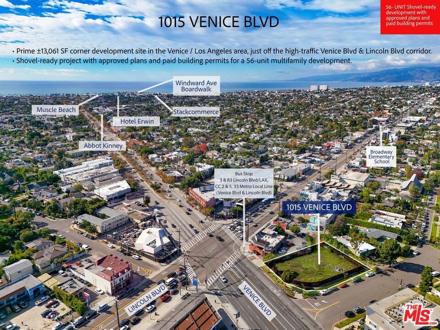 PERMITS HAVE BEEN ISSUED AND PAID FOR, allowing a developer to begin construction on Day One. The project is engineered for no redesign cycles, no  tenant relocations a true shovel-ready development. Approved plans call for a contemporary five-story, 56-unit multi family community elevated above one level of subterranean parking. Unit Mix Includes: *15 Singles  389-422 SF*1 ELI Single  417 SF*33 One-Bedrooms  541-664 SF*5 LI One-Bedrooms  526-549 SF*1 One-Bedroom + Den  549 SF*1 LI One-Bedroom + Den  549 SF The offering is priced at an attractive $529 per land SF and $123,125 per buildable unit, which includes approximately $450,000 IN PAID ARCHITECTURAL, STRUCTURAL AND MEP PLANS AND CITY PERMIT COSTS. With 50 market-rate units and six affordable set-asides, this is a rare chance to step directly into a high-value Westside development without entitlement uncertainty.