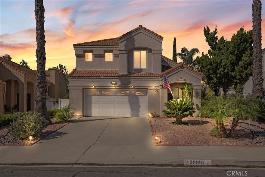 VALUE PRICED HOME!! SHOWS SO PRETTY!!  BEAUTIFUL, WELL-CARED FOR 2 STORY HOME, NO HOA, LOW TAXES, HIGH HIGH CATHEDRAL CEILINGS!! ****ALL WINDOWS AND 2 SLIDING GLASS DOORS ARE ONLY ABOUT 1 YEAR OLD!!  ALUMAWOOD PATIO COVER IS NEWER!!  LEASED SOLAR!!! NO MORE EXPENSIVE ELECTRIC BILLS!! ALL THE BEDROOMS ARE LARGE!! The wall color throughout is a nice neutral color palette.  You will be pleasantly surprised when you tour this home!  Nice large tiled entryway.  The front living room has 2 story ceilings, is light filled, offers a lovely fireplace and the first sliding glass door giving access to the rear yard. The dining room is right off the kitchen, has a tray ceiling and is very roomy with a backyard garden view. The kitchen has a very warm feeling, rich wood cabinet color, earthy granite counters, plenty of storage, tray ceiling with recessed lighting, space for an eat-in dining table with another sliding glass door to the backyard.  The family room is next to the kitchen area for easy open access and convenience.  On the 2nd floor, you'll love and appreciate MORE TALL ceilings!!  The primary is oversized with cathedral ceilings, giving it such a large open feeling. The en suite has been updated with a custom shower enclosure, tub surround, dual sinks with a stone countertop and a separate vanity seating area! Down the hallway, the full bathroom has a large white vanity with dual sinks and a separate room for the shower.  You will find the other 3 bedrooms upstairs opposite the primary bedroom.  All bedrooms have ceiling fans!  The backyard is so nice and manicured. You'll love the cover of the newer Alumawood patio cover, stamped & colored patio concrete, mature trees and low maintenance turf. The entire property has low maintenance landscaping and like-new vinyl fence!  The alarm system stays and is only about 1 year old.  This location is great!  It's easy access to the 215, walking distance to the large neighborhood park, Los Alamos Hills Sports Park is minutes down the road, walk to church, restaurants, the local veterinarian's office, the gym, etc. Only 1.2 miles to Rail Ranch Elementary. Award winning Murrieta Schools!  DON'T MISS OUT ON THIS HOME!!!  FOR THE PICKIEST BUYERS!!