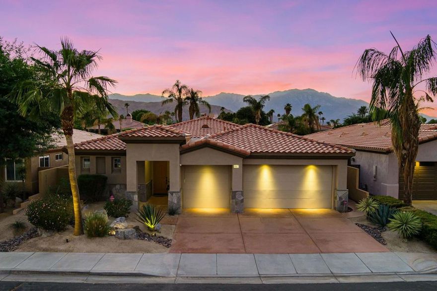 Welcome to your perfect Palm Desert retreat! Ideally situated in a prime central location, this stunning residence offers the best of desert living--just minutes from top-rated restaurants, grocery stores, shopping, and entertainment. Step inside and you'll immediately notice the open, inviting floor plan designed for both relaxation and entertaining. The home features three spacious bedrooms, each with its own en suite bathroom, providing comfort and privacy for family and guests alike. There's also a versatile den equipped with a murphy bed, making it the perfect flex space for a home office, media room, or an additional guest room.The newly remodeled kitchen is the heart of the home, complete with sleek quartz countertops, brand-new appliances, and a modern bar area ideal for hosting gatherings or enjoying a quiet morning coffee. The seamless flow from the kitchen and great room to the outdoor living area creates a true indoor-outdoor lifestyle that's synonymous with the desert experience.Step outside and be captivated by a backyard designed for entertaining and relaxation. The expansive patio features stone columns and flooring and multiple areas to lounge or dine al fresco. Gather around the fire pit, watch your favorite shows on the flat-screen TV, or fire up the built-in barbecue for an evening with friends. The retractable awnings and misting system ensure year-round comfort, while the Pebble Tec pool and spa invite you to unwind in total luxury.Additional highlights include a three-car garage with new garage doors, custom built-ins, and epoxy flooring, offering plenty of space for storage or a home gym. Set within a quiet, family-friendly neighborhood, this home combines thoughtful design, modern upgrades, and a resort-style backyard to deliver the ultimate Palm Desert lifestyle. Whether you're looking for a full-time residence, vacation getaway, or investment opportunity, this property truly has it all.**Original plans reflect approximately 3,085 sq. ft. During construction, the owner added an additional 6 feet to the primary bedroom. Buyer to verify all square footage and satisfy themselves with regard to accuracy.**