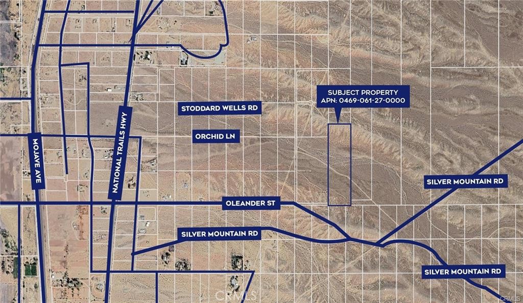 SELLER WILLING TO CARRY with large down payment!!!! Five acres of land waiting for its next owner. This property offers views all the way from Oro Grande to Silver Lakes. This large lot is irregular as it has space in the middle of the lot to build a home and then it has two valleys on either side for extra privacy. If you don't want to build, bring your RV out for some fun camping and motorcycle riding. The views will amaze you, especially at night with the beautiful sunsets!