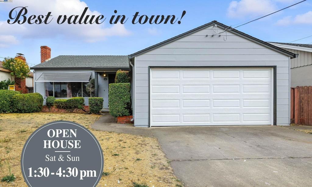 Best value in town! Rare opportunity to own a single-family home with a two-car garage at this price point. This home features 3 bedrooms and 1 bathroom, a spacious living room, and a formal dining room. The full kitchen includes a cozy breakfast nook. Recent updates include exterior paint and a new garage door. Situated on a large lot with ample parking space. With some cosmetic updates, this home has incredible potential. Don’t miss this one! Convenient location, walking distance to Bart Station, close to downtown and freeway. Best value in town! Rare opportunity to own a single-family home with a two-car garage at this price point. This home features 3 bedrooms and 1 bathroom, a spacious living room, and a formal dining room. The full kitchen includes a cozy breakfast nook. Recent updates include exterior paint and a new garage door. Situated on a large lot with ample parking space. With some cosmetic updates, this home has incredible potential. Don’t miss this one! Convenient location, walking distance to Bart Station, close to downtown and freeway.