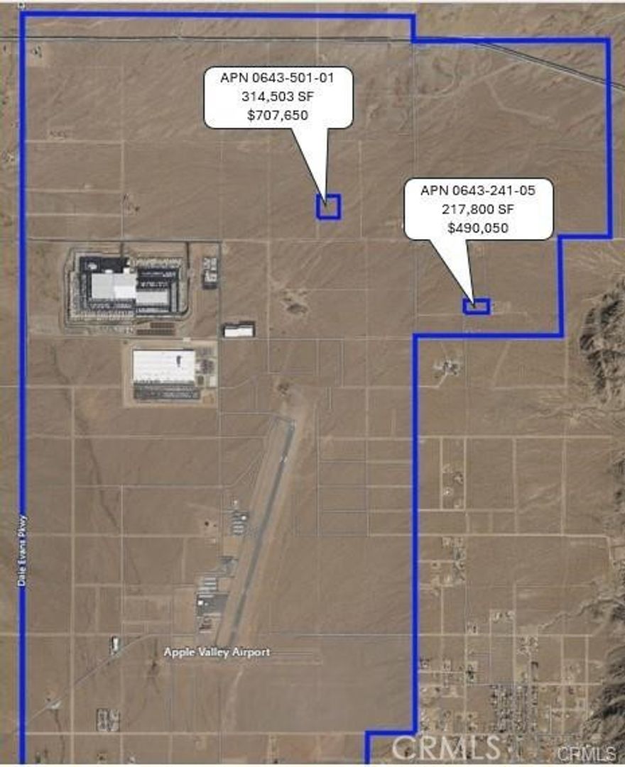 7.22 Acres in The North Apple Valley Industrial Specific Plan area.  Zoning allows for a broad range of clean manufacturing and warehousing uses, ranging from furniture manufacture to warehouse distribution facilities.  Generally flat and unconstrained land which attributes combine to make the Specific Plan area an ideal site for a wide range of industrial, commercial, institutional, office, and airport-related uses.