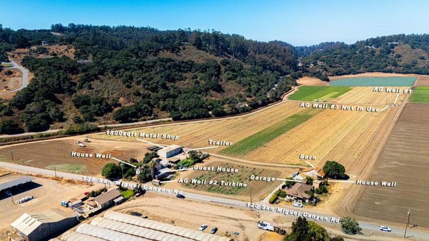 Two properties are included in this listing;  120 & 138 San Miguel Canyon Rd. 120 San Miguel Canyon Rd. is being sold with 138 San Miguel Canyon Rd. and price includes both addresses each with a main family residence. 120 San Miguel Canyon Rd, is 1,845 sq. ft. with 4 bedrooms and 1 full and 1 half bath. Aged and period oak wood floors, large kitchen walk-in pantry, inside laundry, large barn structure and additional outbuildings. This property is 20+ acres of organic agricultural land with two high producing ag well.  Both addresses have been rental income properties and the combined 35 acres have also been leased to a well known organic company as additional annual income.
