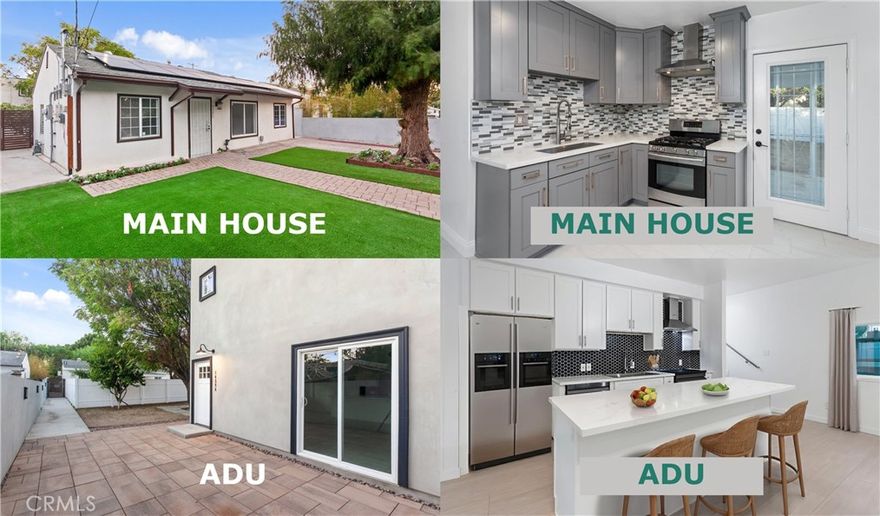 A rare opportunity with a BRAND-NEW, FULLY PERMITTED ADU built in 2025 and SOLAR PANELS on both the main home and the ADU. A TOTAL 5 BEDROOMS AND 4.5 BATHROOMS!   Perfect for rental income, multigenerational living, or guest housing, this property combines functionality, efficiency and privacy in one turnkey package. The updated main house offers 3 bedrooms and 2 bathrooms with modern curb appeal that includes contemporary fencing, a gated driveway, artificial lawn, paver walkway and driveway, colorful landscaping, a covered porch, mature shade tree and rain gutters. Inside, you’ll find fresh paint, newer dual pane windows, 6-panel doors, a high-efficiency HVAC system with mini split A/C and a tankless water heater. The family room features a pitched ceiling, tile floors and modern lighting. The kitchen includes quartz countertops, ceiling-height cabinetry, mosaic tile backsplash, soft-close drawers and doors, a stainless 5-burner gas range with hood, stainless undermount sink and a French door that opens to the backyard. The dining area flows easily from the kitchen. The primary suite features luxury vinyl flooring, ample closet space and an en suite bathroom with a custom glass-enclosed tiled shower. Two guest bedrooms and a remodeled guest bathroom with a frameless glass shower complete the layout. The backyard offers a covered patio with ceiling fan, fruit and shade trees and vinyl fencing. The NEW ADU features 2 bedrooms and 2.5 bathrooms with its own private front and back yards and separate entry. The open floor plan includes recessed lighting, natural light, tile floors and a stylish kitchen with quartz counters, ceiling-height cabinetry, full custom tile backsplash, Samsung® induction range, dishwasher, stainless undermount sink, pull-down faucet and island with breakfast bar. There are TWO PRIVATE PRIMARY SUITES, each with its own bathroom—one with a tub/shower combo and the other with a glass step-in shower. A powder room, laundry area, frameless glass stair panels, dual pane windows, 6-panel doors, separate water meter and a multizone high-efficiency heat pump add convenience and value. Located minutes from shopping, dining and freeway access, this property checks boxes for flexibility, efficiency and long-term appeal.