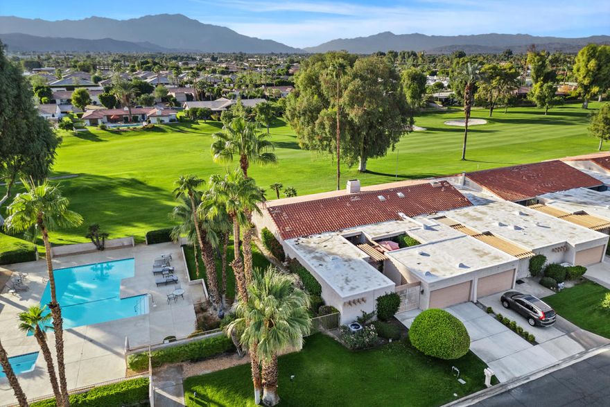 Experience golf course living at its finest in this beautifully updated 2-bedroom, 2-bath condo overlooking the 13th fairway of Bermuda Dunes Country Club. The stylishly remodeled kitchen features modern finishes, sleek countertops, and quality appliances--perfect for entertaining or everyday living. Enjoy breathtaking west-facing mountain views from your private patio, where you can relax and take in the spectacular sunsets. The open-concept layout offers seamless indoor-outdoor flow, abundant natural light, and a welcoming desert vibe. Enter thru gated courtyard with large patio area to enjoy your morning coffee. Custom door leads to a large great room with fireplace and sweeping golf course/mountain views!! Kitchen has been updated with granite counters, cabinets and appliances (double ovens, gas cooktop). Expanded condo for dining/entertaining.This condo is located in Montego West, an active community featuring 7 pools, Pickleball and Tennis. Attached 2-car garage plus separate golf cart garage. End Unit next to pool. IID for lower electric. HOA of $210 includes 24-hour guard-gated security, plus cable TV with two boxes with Showtime/HBO/Cinemax plus internet with Spectrum. Montego West HOA of $632 includes gate, exterior maintenance (incl roof - no wood overhangs), trash, pools/spas, landscaping, insurance (bare walls). Whether you're looking for a full-time residence or seasonal getaway, this home delivers comfort, style, and one of the best locations in the Club.