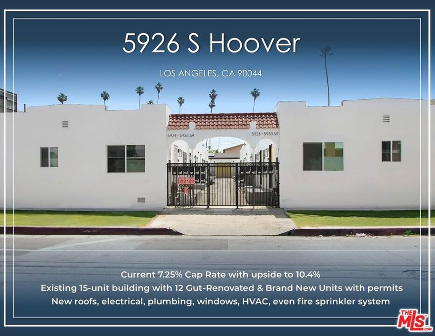 Huge 500k Price Reduction! Existing 15-unit building with 12 Gut-Renovated & Brand New Units cash flowing at an amazing 7.25% Cap Rate and 10.1 GRM from day 1. The units have been completely remodeled from the studs with permits and boast a high-end aesthetic with new modern cabinets, flooring, lighting, new bathrooms, as well as major exterior capital improvements. On top of that, the major systems have been updated including brand new roofs, electrical, plumbing, HVAC, etc. and even a brand-new fire sprinkler system for all the units that will save you tons of money on insurance costs in California! Amazing upside to 10.4% Cap Rate & 7.4 GRM on the proforma. Additionally, there are preliminary plans to convert the 2 existing brand-new detached ADUs into 6 detached ADUs (4 additional) to improve the numbers even further. Excellent up and coming location minutes from Banc of California Stadium, USC, & Inglewood. Each unit is individually metered for gas and electricity, ensuring convenience and efficiency. Large ~10,554 SF TOC Tier 3 lot zoned C2 with future redevelopment potential.