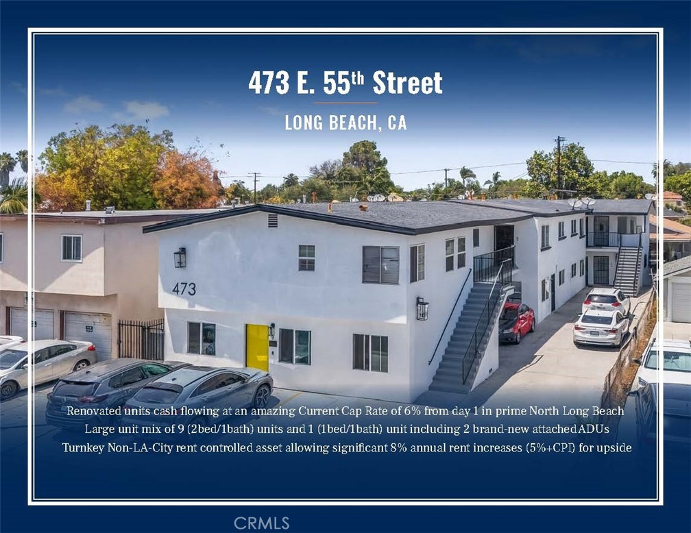 10 Renovated Non-Rent Controlled units cash flowing at an amazing Current Cap Rate of 6% from day 1! Large unit mix of 9 (2bed/1bath) units and 1 (1bed/1bath) unit including 2 brand-new attached ADUs. Most units boast updated cabinets, flooring, kitchen, bathrooms, exterior improvements, and more. Individually metered for gas, electricity, and tenants pay their own trash further minimizing the operating expenses. Non-LA-City rent controlled asset allowing significant 8% annual rent increases (5%+CPI) for future upside. The property also offers on-site laundry and parking that generates additional income. Prime North Long Beach location minutes from the beach and central to the 405, 710 and 605 Freeways, offering tenants easy access to attractions and employers across the region. Long Beach is a popular rental market and population and employment hub with easy access to the beach, colleges (such as Cal State Long Beach), and major attractions including the Queen Mary, Aquarium of the Pacific, and more. Long Beach offers investors the opportunity to acquire assets in a coastal rental market with low vacancy rates without premium coastal pricing.