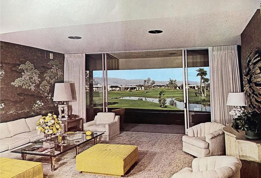 Welcome to this exceptional two-bedroom + den home, the original model home for the prestigious Seven Lakes Golf & Country Club community, established in 1967. Situated on a highly coveted cul-de-sac, this rare gem boasts direct, panoramic views of the iconic Seven Lakes fountain, with vistas extending over three lush fairways and serene lakes.Designed for ultimate indoor-outdoor living, the home's open-concept floor plan is accentuated by soaring ceilings and expansive floor-to-ceiling glass sliding doors, providing seamless access to the outdoors and breathtaking views. The updated kitchen and bathrooms blend modern finishes with the home's timeless mid-century character, offering both style and functionality. A newly replaced main waterline was completed this year, adding long-term value and peace of mind. The home's spacious private courtyard is perfect for entertaining or enjoying morning coffee, while the tranquil cul-de-sac setting ensures privacy and serenity. Just a short stroll away, the historic William Cody-designed clubhouse offers an unmatched social and recreational experience. Additional features include a private one-car garage and a prime location within this exclusive, gated golf community. This home offers the very best of desert living, seamlessly combining mid-century elegance with the allure of a premier golf and country club lifestyle.