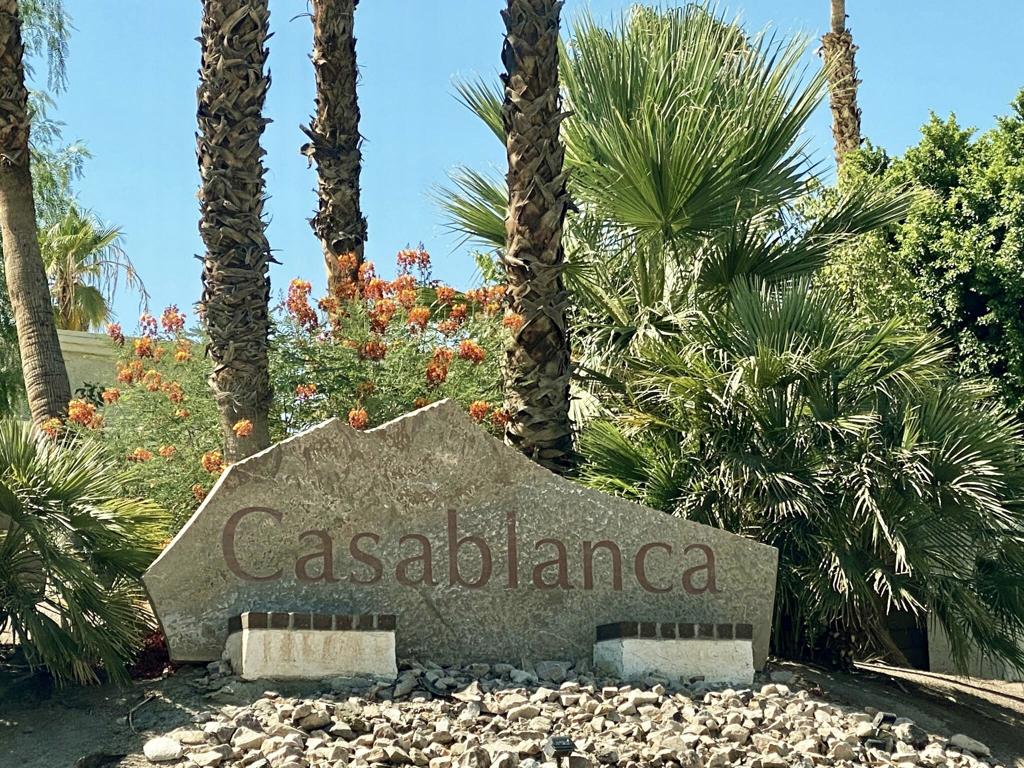 Located minutes from the Palm Desert Marriott and Eisenhower Medical Center in a prime Palm Desert location, with access to bike and walking paths, public transportation, and shopping, this recently-renovated, bright, quiet 2 bd, 2 bath condo is situated within the interior of the desirable gated community, ''Casablanca''. With its split floor plan, vaulted ceilings, fresh neutral paint throughout, newer baseboards, newer flooring, newer windows, renovated guest bathroom and kitchen cabinetry, extensive closet space, and serene views, not to mention extra garage space, this lovely, spotless condo is not going to be available for long!Surrounded by scenes of nature and beauty, with quick access to one of the community's four pools and spas, you may also enjoy the professional tennis courts and numerous citrus trees throughout the complex. Your east-facing patio will accommodate table, chairs, and umbrella, as well as your barbecue grill, for your quiet enjoyment or shadier afternoon/evening entertaining. HOA fees currently include Spectrum Wi-Fi and streaming box, trash and recycling pickup, and community reclaimed water for your perimeter garden. Also installed in the kitchen is a three-cylinder EcoWater Reverse Osmosis System with brand new RO. Come and view this fabulous condo today!