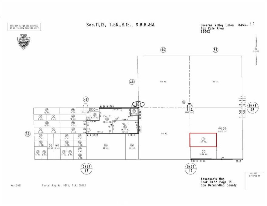 20 AC of quiet secluded land. Mostly flat, with a very slight upward slope to the NE. Excellent views for the valley and surrounding rock formation features. 160 AC parcel abutting on the west is recently fenced in BLM land, which adds privacy and seclusion. The main access road in Northside Rd, which runs East/West. The lot is accessed by recorded easement on the west 40 feet of the lot to the immediate south. The lot is rectangular in shape and is approximately 1/8 mile by 1/4 mile. Larger parcels such as this have a much wider land uses making this ideal for nearly any type of home or business operation. Jurisdiction for this property is the County of San Bernardino.



****NO STREET ADDRESS HAS BEEN ASSIGNED. Numerical is only a reference and is part of the APN****