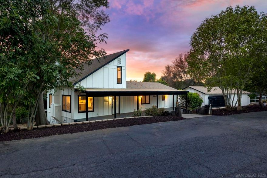 Welcome to this stunning, fully renovated Modern Farmhouse, offering 3 spacious bedrooms, 2 beautifully appointed bathrooms, and a versatile loft that can serve as a 4th bedroom, home office, or media space. Every inch of this home has been reimagined from top to bottom with high-end designer finishes, blending the warmth of farmhouse character with the sophistication of modern living. The primary suite is a true retreat, featuring a gorgeous ensuite 5-piece bathroom complete with a refinished 100-year-old cast iron clawfoot tub, walk-in shower, double vanity, and elegant finishes throughout. A bay window bench seat overlooks the sparkling  pool and backyard oasis, offering peaceful views and an inviting place to unwind. Situated on a fully usable 1-acre lot, the property is designed for both comfort and entertainment. The outdoor space boasts a newly refinished PebbleTec pool, charming gazebo, freshly built retaining walls, and a lush artificial turf lounge area ideal for gatherings or relaxing under spectacular sunset skies. The rear of the property features a large Tuff Shed and multiple garden areas, making it a dream come true for any green thumb or hobbyist. A detached two-car garage includes an additional workshop space, providing flexibility for a home business, studio, or potential future ADU conversion. This property perfectly combines space, sophistication, and serenity, delivering the quintessential indoor-outdoor Southern California lifestyle.