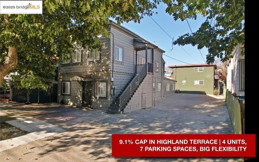 High-income property with built-in upside in Oakland’s Highland Terrace, 1944 E 24th St features four legal units—three 2BD/1BA and one 4BD/1BA—plus a bonus 2BD/1BA unit with its own private entrance. One 2BD unit will be delivered vacant and move-in ready—perfect for an owner-occupant or setting market rents. Two Section 8 tenants are currently paying below market, creating a clear path to raise rents by $2,300+/month. With projected gross income of $10,500/month, the property offers a strong 9.1% CAP rate. Set across two two-story buildings totaling 3,480 sq ft on a large lot with 7 off-street parking spaces. Located near Lake Merritt, Downtown Oakland, and major freeways, this is an ideal fit for investors, owner-occupants, or multigenerational buyers seeking income, space, and long-term flexibility.