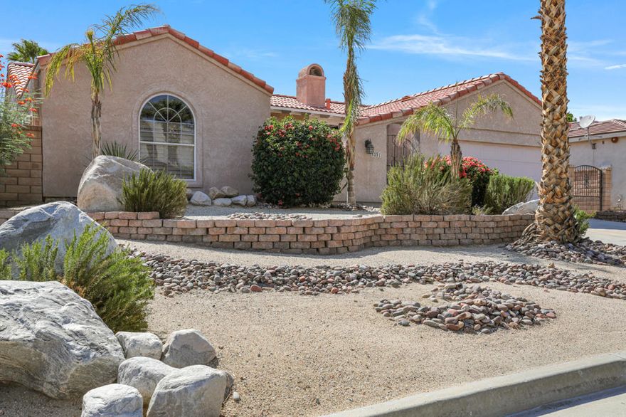 True Opportunity Knocks and THE PRICE IS RIGHT!  True Desert Living at it's finest. Whether it's your second home Retreat or your Primary Residence, this  home is perfect!!  2 bedroom's with potential 3rd Bedroom or office with Bonus room at rear of property providing a private entrance/exit to the Backyard Garden, Covered Patio Area.  True Charm , Style and Welcoming Ambiance. Spacious floorplan, Ample living Room and Sizeable, Separate Dining Area. Granite Counter tops in Kitchen, Stainless Steel Appliances with plenty of workspace for the Avid Chef in you. Cathedral Ceilings, Custom-Crafted Marble Laminate Fireplace. Private Backyard Retreat, Mature, Nurtured Landscape offering shade in the Sunny Days,  A truly great place to relax in pure tranquility while enjoying your Morning Coffee or that Glass of Wine at Sunset, to unwind at the end of your day.  World Class Amenities are offered within the Mission Lakes Community, Including Pro Shop, Restaurant, Bar, 18-Hole Ted Robinson Golf Course, Motel For Guests, Aquatic Center, Tennis Courts, Gym and Vibrant Social Scene with activities for all!  Just Minutes To Downtown Palm Springs-HOA fee 2 of $40.00 is to Patronize Clubhouse monthly in purchases.