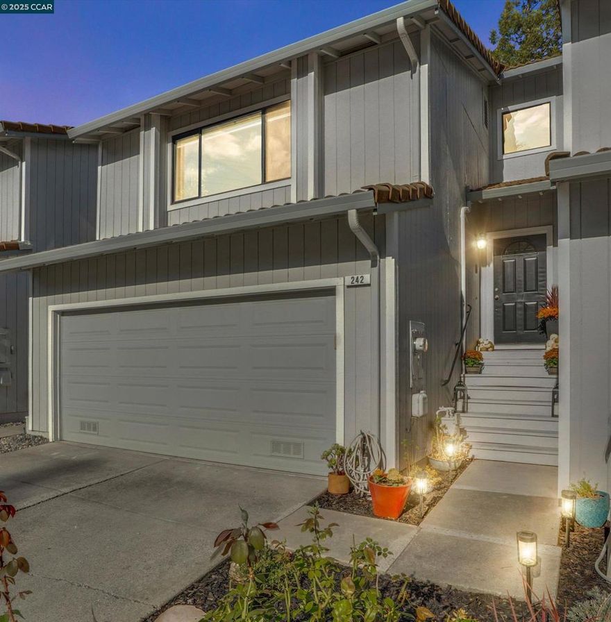 Welcome to this well maintained  3-bedroom, 2-bath townhome offering  comfortable living in the highly desirable Mission Pines Community. Vaulted ceilings and an open-concept layout create a spacious feel. Step directly from the living room, onto the upper patio nestled among the beautiful redwood trees, the ideal spot to unwind after a long day or to enjoy a nightcap under the stars. The primary suite is privately situated on the upper level, offering a peaceful retreat with its own en-suite bathroom. The secondary bedrooms are located on the lower level, creating a desirable separation of space that provides both comfort and privacy. The kitchen features newer appliances and updated cabinet hardware with an eat-in breakfast bar and a dining room perfect for entertaining. Outside you'll find a backyard retreat designed for gatherings with friends and family. The townhome is tucked away towards the back of the complex with minimal traffic. This home also includes a 2-car garage with a generous under-the-stair storage area. Community amenities include a sparkling pool for those warm Summer days and tennis courts, all just minutes from shopping, dining, and the 2025 top-rated 2025 John Muir ElementaryCalifornia Distinguished School.