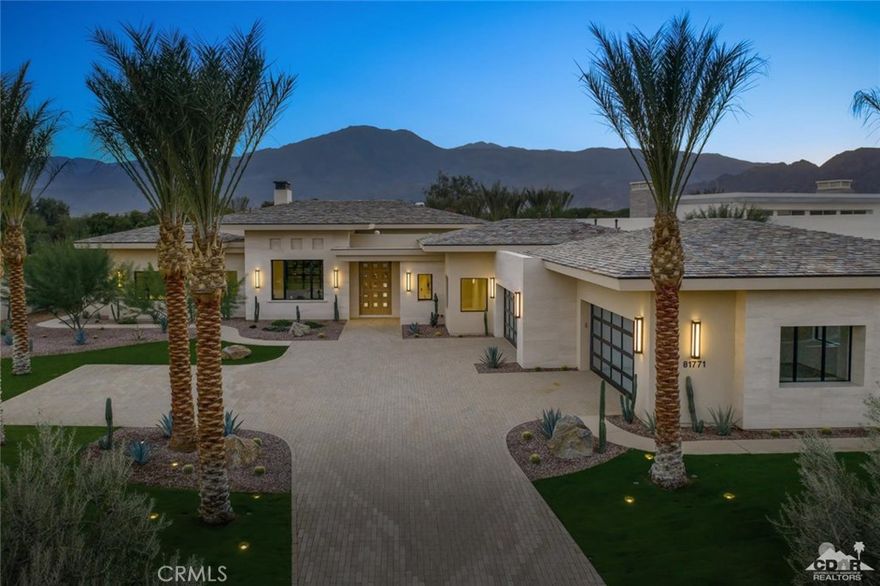 This beautiful, newly-constructed home with classic modern architecture and clean, elegant lines at the prestigious Madison Club is an entertainer's dream! The 6,059 square foot, 4 bedroom, 4 and one half bath plus office / den home features an open and inviting floor plan. Expansive pocketing doors allow the indoor and outdoor living spaces to blend seamlessly. The porcelain tile throughout adds to the sleek design. The spacious kitchen is generously appointed with Wolf and Sub-Zero appliances. Spectacular views of the 14th green of the Tom Fazio Course and the Santa Rosa Mountains beckon you to relax and enjoy the infinity pool by day and cozy fire feature by night. The sunsets are absolutely stunning! Offered designer furnished.