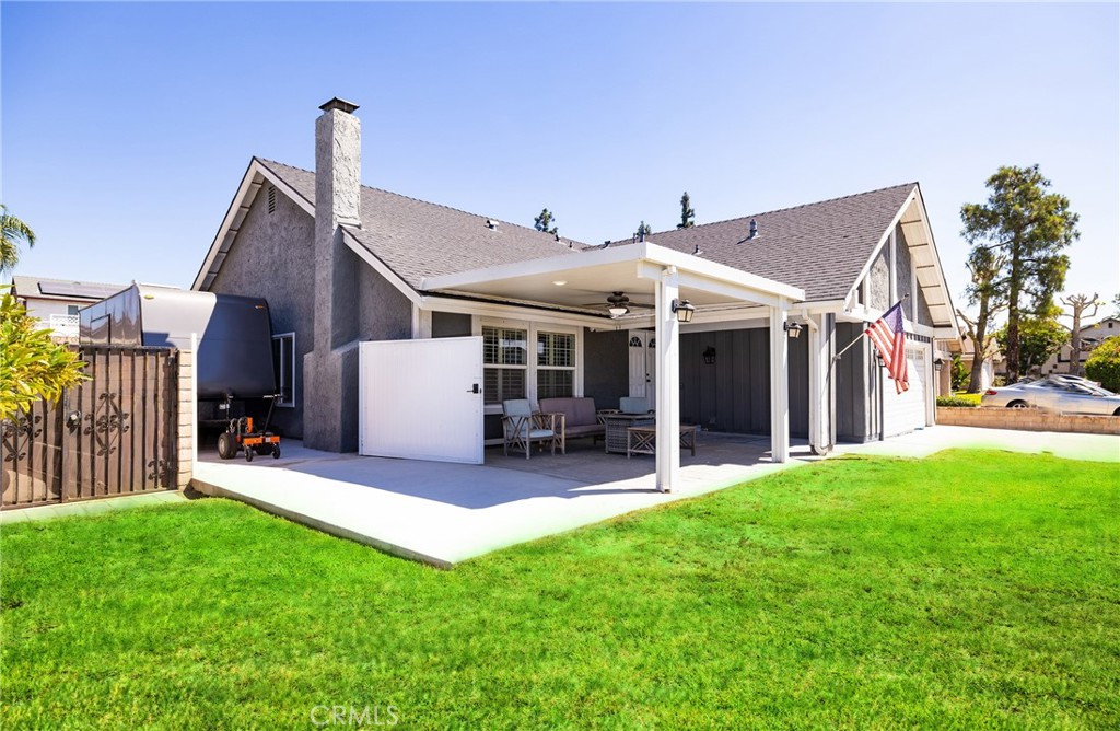 Gorgeous rare single story Chino Home with extensive upgrades inside & out in a highly sought after neighborhood! This beautifully upgraded home has been thoughtfully improved with both style and functionality in mind! Enjoy a welcoming front patio complete with built-in lighting, ceiling fan, and 120v outlets. Perfect for entertaining family and friends! Especially during the Holidays when this neighborhood comes alive! Offers dual side gates & Newer insulated garage door. Once you step inside you will find plantation shutters through-out and dual-pane windows. Kitchen complete with range, microwave, oven and open to a great big family room! Bathrooms have been fully remodeled with the primary bathroom featuring upgraded dual vanity, new tile shower with frameless glass enclosure, and custom closet organizers. Step Down living room offers a cozy propane fireplace with faux logs and rack. Your Backyard oasis designed for year-round enjoyment includes insulated patio with built in fans & lighting! Premium turf and newly poured side yard concrete with drainage is ideal with added space for a trailer or additional storage. Pool and Spa have been updated with new pump, LED lighting, and a fast-heating system. This 3-bedroom 2 bath home is a true gem! Garage is fully drywalled and painted with insulated door for efficiency. Home also offers a whole-home water system, newer tankless water heater in addition to a finished attic with flooring, lighting and built in ladder access. Also offers a newer stainless-steel sink with hand washing station! This Home is ready for the kids to come enjoy the wonderful pool and so much More !