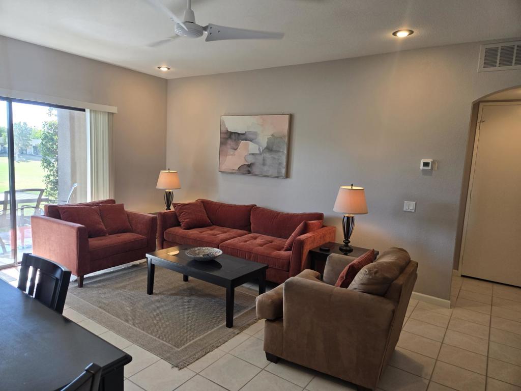 Get ready to wake up to the breathtaking, serene sunrise over a tranquil pond in this updated 2-bedroom condo! Imagine sipping your morning coffee while soaking in the peaceful vibes this oasis has to offer. Steps to the pool/spa, you'll be living the dream in no time. This beauty isn't just a pretty face--it's got a fantastic rental history as a vacation getaway, making it a wise investment for those looking to dip their toes into the rental market. Plus, the remodeled kitchen is not just beautiful; it's perfect for whipping up delightful meals after a day of fun in the sun. Don't let this slice of paradise slip away!Land lease to 2069, monthly ground rent is $218.89.HOA DUES INCLUDE: 2 DVR or HD Cable boxes and service, High Speed Internet, grounds maintained to your door by HOA ground maintenance crew, outside pest control when requested, outside water, (you pay only for inside water). Gated community with 24 hour guard gate access, membership to Health and Fitness Center, Tennis, Bocce Ball, Pickleball. Discounts and preferred tee-times for owners at the Desert Princess 27-hole PGA Championship golf course, no initiation fees, rated among the best in the valley by GOLF DIGEST. This quiet community is away from the noise yet minutes from everything that is in Palm Springs; restaurants, shopping, casinos, an international airport, the Tramway, Art Museum, Theaters, and the Street Fair.