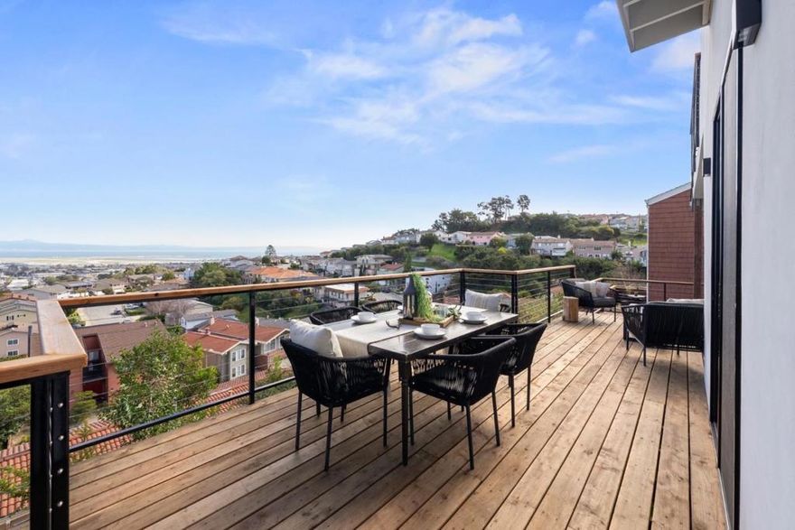 Completed in April 2025, this BRAND-NEW contemporary home offers UNOBSTRACTED PANORAMIC VIEWS of the bay and beyond. Enjoy breathtaking sights of the citys glittering lights and watch planes take off and land at San Francisco International Airport right from your own home. Designed for modern living, it features recessed lighting, wide-plank hardwood flooring throughout, quartz countertops, a center island and stainless-steel appliances in the stylish eat-in kitchen, along with spa-like bathrooms with frameless glass shower enclosures and a dedicated laundry room. Energy saving options include owned solar panels and EV charging. An expansive outdoor deck provides the perfect space to take in the MILLION-DOLLAR VIEWS. Located around one mile from Highway 280, highly-rated Taylor Middle School and Mills High School, and the vibrant Downtown Millbrae, this never-lived-in home is a RARE FIND, offering stunning views and unbeatable convenience. Don't miss this incredible opportunity!