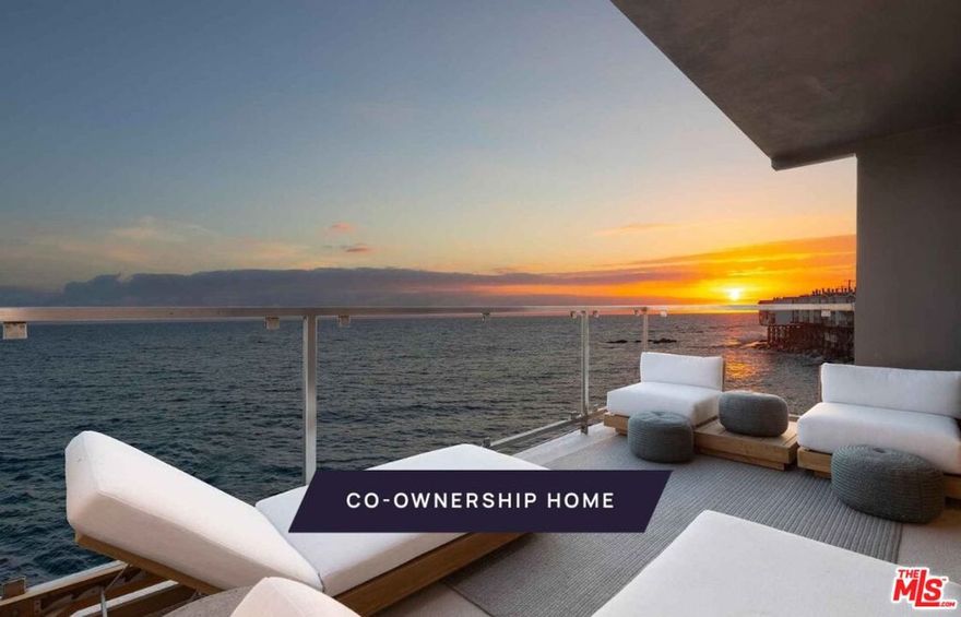 New co-ownership opportunity: Own one-eighth of this turnkey home, professionally managed by Pacaso. Named for the beach just steps away, Las Flores is a perfect oceanfront hideaway, with stunning views of the sparkling Pacific, islands and Queen's Necklace. This two-story contemporary has decks on both levels and private steps leading to the shore.  Inside, the open concept layout is all about endless vistas, relaxation and entertaining. The first floor has floor-to-ceiling, wall-to-wall glass sliders plus a picture window, framing views to enjoy the living and dining area as well as the gourmet kitchen. The doors open to a covered balcony perfect for al fresco dining. The kitchen features Caesarstone countertops, high-end stainless steel appliances, a beverage fridge and bar seating. Behind the kitchen is a handy laundry area and a full bathroom is nearby.  One of two staircases leads directly to the primary suite, which features a fireplace, a beachfront balcony and a spa-style en suite bathroom with a soaking tub, tiled shower and dual-sink vanity. The other stairway goes to a landing with doors to a private patio. Also on this level are a guest bedroom and bathroom,  and a family room/office which is also accessible from the primary suite.  This getaway is midway between Malibu and Santa Monica, and close to Duke's Malibu, Nobu and shopping. The home, which has a two-car garage with a second refrigerator, comes fully furnished and professionally decorate