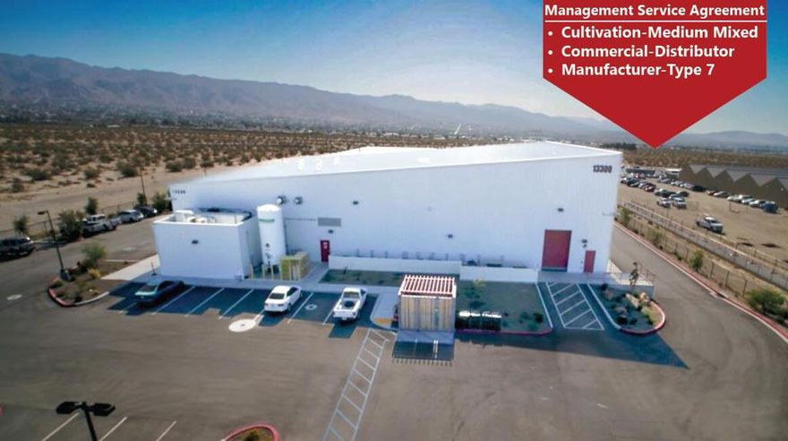 ■ 45,553 SF Licensed Turnkey Cannabis Facility■ 15,553 SF Manufacturing/Distribution- Pharma Grade■ 27,400 SF Mixed Light (10 Bays With 70 Lights/Bay)■ 8.14 Net Acres - Plenty Of Room To Grow And Expand■ No City Manufacturing Tax in Desert Hot Springs■ Priced Far Below The Replacement Cost■ Will Consider Lease W/Option To Purchase
