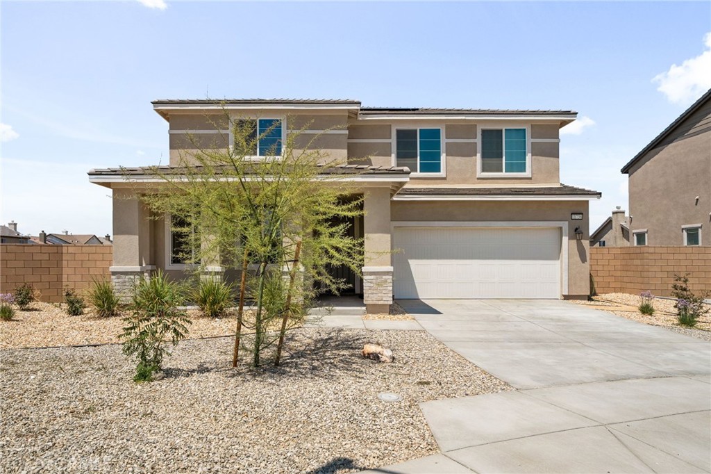 Welcome to this spacious two-story home in the sought-after Eagle Ranch community, built in 2024 and designed for both style and efficiency. Featuring paid-off solar and a low-maintenance desert-scape front yard, this home offers beauty with convenience.
Step inside to a long hallway entry that sets the tone for the spacious layout. Just off the entry, you’ll find a large bedroom and a full bathroom—perfect for guests or multi-generational living. A versatile den follows, ideal as a home office, formal dining room, playroom, or creative space.
The heart of the home is the open-concept family room, dining area, and chef’s kitchen. The kitchen boasts an island, sleek quartz counters, stainless steel appliances, and a classic subway tile backsplash. Double sliding glass doors lead to a super-spacious backyard—a blank canvas ready for your personal touch.
Upstairs, enjoy a large loft and stylish open stair railing. The expansive primary suite includes a double-sink vanity, walk-in shower, and an extra-large walk-in closet. Two additional bedrooms, a full bathroom with dual sinks, and a convenient upstairs laundry room complete the second floor.
Sitting on a desirable cul-de-sac lot, this home offers privacy, plenty of parking, and room to grow.
