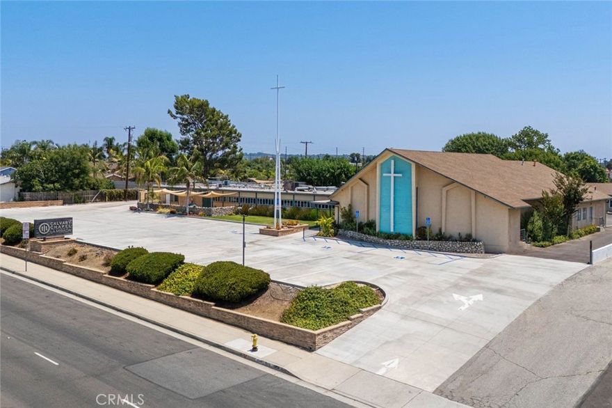 Rare opportunity to own a fully operational church campus in La
Mirada- currently home to Calvary Chapel. This spacious and wellmaintained
facility is situated on a generous 1.62 acre lot and
features a functional layout designed to support a wide range of
religious, education, or community uses.
The main sanctuary seats up to 300 and features a sound booth,
high ceilings, upstairs pastor’s office, nursery room, updated
bathrooms, and an inviting atmosphere, ideal for worship services,
gatherings, or live events. The adjacent ministry wing includes a
fellowship hall with a full coffee bar, multiple classrooms, offices,
nursery, a youth chapel, three bathrooms, and roll-up doors for
flexible indoor/outdoor use. At the rear, the original 4 bed/2
bath house includes a full kitchen, and serves as a multi-use facility
with space for counseling, youth groups, or academy activities.
Other notable features include a newer flat roof, HVAC systems,
400-amp electrical service, security cameras, outdoor storage units,
and new block wall fencing & entryway. With over 235’ of
frontage on Leffingwell Rd, the property offers excellent visibility
with a lit up monument sign, and 88 total parking spaces
(8.7:1000 ratio) to provide ample parking for guests; all on a
1.62 acre (70,643sf) lot zoned R1 for potential residential
development. Convenient location between LA & Orange County on a high traffic count street near Biola University.