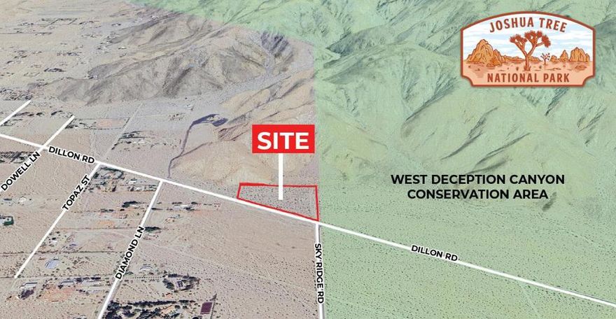 &#9632; Desirable parcel at the base of Joshua Hills National Park&#9632; Ideal for Ranch Home with spectacular views&#9632; Zoned for Horses&#9632; Water & Electric to Site&#9632; Sky Valley is trending and becoming well known for it's abundance of therapeutic mineral water&#9632; Escape to nature, just 17 miles from downtown Palm Springs
