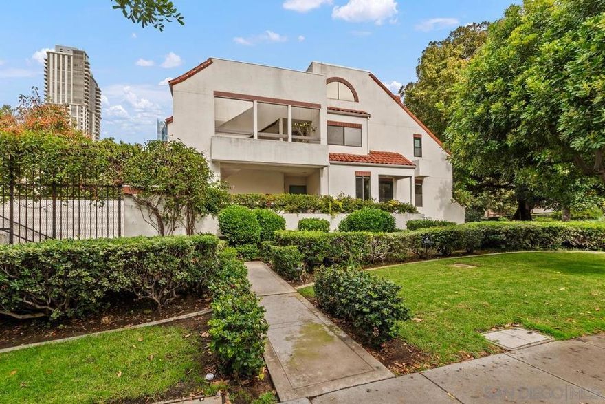 Single level Park Row charmer with views of Pantoja Park. High level finishes throughout this move in ready home. Key features include hardwood flooring, recessed lighting, custom eat in kitchen, two patios, laundry, a tankless water heater, HVAC system, built in sound system, and a retreat like primary bathroom with ample double closets. Secure parking under the building. The Park Row Community includes full gating with an attendant, a pool, spa, and beautiful grounds. Truly a retreat in the middle of the city.