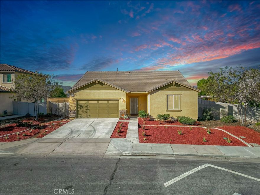 Welcome to 1074 Eden Valley, San Jacinto, CA — a beautifully maintained, single-story home built in 2019 with OWNED solar and NO HOA. This 3-bedroom, 2-bath residence offers an open-concept layout with tall ceilings, luxury vinyl plank flooring, fresh interior paint, and new carpet in the bedrooms and closets.

The kitchen sits at the heart of the home and features granite countertops, 42” shaker-style cabinetry, a walk-in pantry, and a generous center island with seating, stainless steel sink, and dishwasher — ideal for everyday living and entertaining. The connected great room provides a bright, open space for gatherings or relaxed evenings at home.

The private primary suite includes a spacious walk-in closet, dual-sink vanity, large walk-in shower, and enclosed water closet. Two additional bedrooms and a full bathroom are located toward the front of the home, offering separation and flexibility. An indoor laundry room is conveniently located just off the garage entrance.

Additional highlights include energy-efficient appliances, tankless water heater, LED lighting, and extended luxury vinyl plank flooring. Outside, the spacious backyard is a blank canvas, fully enclosed with block wall fencing for privacy, plus extra-wide side yards offering storage and potential RV parking. Conveniently located near Sanderson Avenue with quick access to the 60 and 10 freeways and minutes from a neighborhood park.