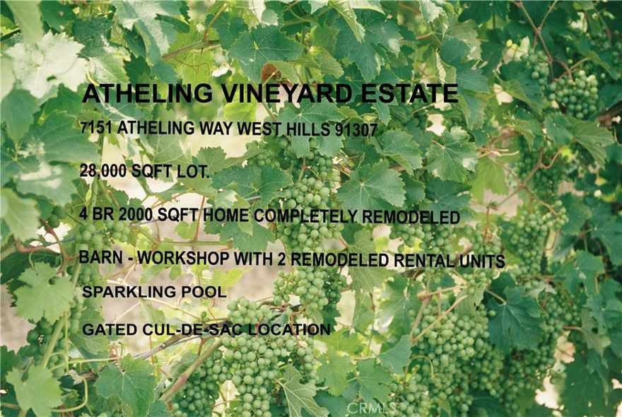 Amazing vineyard estate in the heart of West Hills. This secure, gated compound sits at the end of a quiet cul-de-sac on a sprawling 28,000 sq ft lot and features a beautifully remodeled single-story 4-bedroom home, a large workshop barn with two upgraded studio apts. — surrounded by a picturesque hillside vineyard with over 300 vines.  Dream property for car collectors, contractors, home business and wine connoisseurs. A spa resort in the city! The main residence offers approx. 2,000 sq ft of refined living space. Custom gourmet kitchen is perfect for wine-country–style entertaining, while the vaulted-ceiling living room features a built-in sound system, fireplace, and miles of newer hardwood floors. The spa-inspired primary suite includes a walk-in closet, soaking tub, and steam shower for ultimate relaxation. Step outside to a stunning portico patio overlooking a resort-level pool and the estate’s Napa-style vineyard views. The impressive “wine barn” includes two oversized workshop bays ideal for contractors, car collectors, tradespeople, or anyone needing versatile hobby or equipment space. Above the barn are two beautifully updated studio apts. with 2.5 baths, two kitchenettes, private laundry, and chic designer finishes—perfect for extended family, guests, or income-producing rentals. The property is further enhanced by a substantial solar panel farm (owned), comprehensive security and entertainment systems, EV charging station and multiple spaces designed for work, creativity, and self-sufficiency. A turnkey luxury compound offering privacy, versatility, and an unmatched lifestyle—ready for your next chapter.