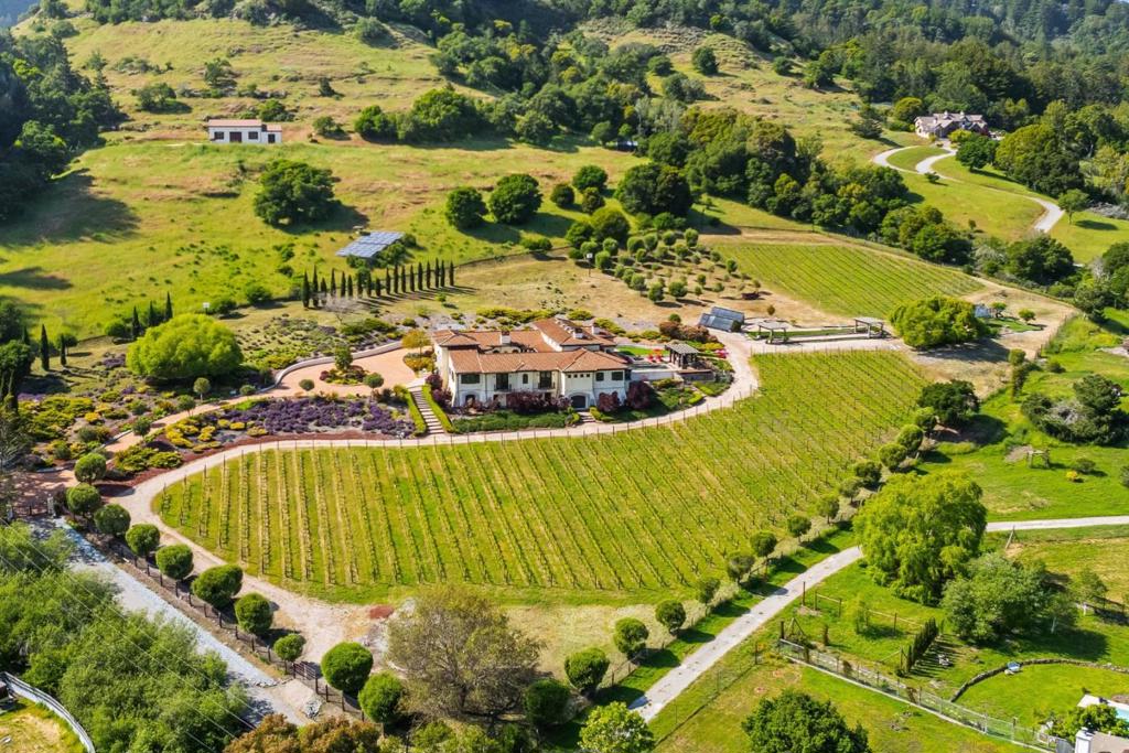 Nestled in a meadow & surrounded by over 21 acres of natural beauty, this magnificent gated Tuscan-inspired estate includes 1.5 acres of Pinot Noir grapes, offering a unique opportunity to own a private vineyard just 10 minutes from both Santa Cruz & Hwy 17 for easy access to Silicon Valley. At the heart of the single-level home lies a charming gated interior courtyard adorned with fruit trees, an outdoor fireplace, & a welcoming guest suite. The homes open layout, with abundant windows & French doors, invites seamless indoor-outdoor living. The spacious great room flows effortlessly into a chefs kitchen with other spaces including a formal dining room, family room & a pass-through bar opening to a built-in BBQ center beside the resort-style pool. The expansive grounds offer a bocce court, greenhouse, raised garden beds, a custom playground, a two-story treehouse with suspension bridge, pool & spa with designated bath, & multiple outdoor dining & lounge spaces. For automotive enthusiasts, an attached 4-car garage pairs with a separate 2-story barn/workshop featuring a car lift and room to accommodate up to 7 additional vehicles. The barn also includes a studio apartment & sits on a gently elevated section of the property, offering panoramic views & additional usable land.
