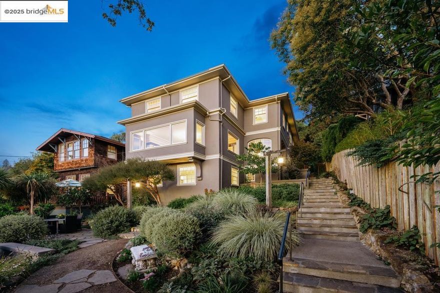 Elegant and expansive, this grand 1913 Craftsman by Louis Engler embodies the best of Berkeley’s architectural heritage. With 3,925 SF, eight bedrooms, and four baths, it offers timeless details, generous proportions, and a prime location in North Berkeley’s Gourmet District. Professionally landscaped gardens with fig, persimmon, and lemon trees surround the home, while French doors open from the kitchen and sitting room to a private backyard with a storybook garden shed. Inside, highlights include a majestic Bay-view living room with fireplace, updated kitchen with butler’s pantry and writing nook, and a lower-level studio with private entrance, kitchen, and bath—ideal for guests or extended family. Oak and Douglas fir floors, radiant heat with newer boiler, playful bathrooms and light-filled bedrooms add character and comfort. The primary suite, overlooks the Bay, while rear bedrooms face the lush garden. Cherished by one family for decades, 1305 Arch blends historic elegance with modern updates, just moments from Chez Panisse, Walnut Square, the Cheese Board, Solano Avenue shops, transportation hubs and more.