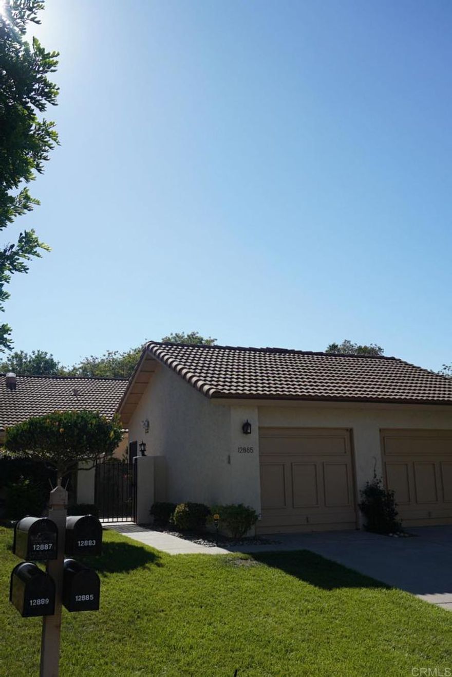 Welcome to this elegant single story home in a desirable 55+ Adult Community. In the entrance an ample private front courtyard. Well maintain house with bright open living room and vaulted ceilings. Kitchen with lots of cabinets.  The primary bedroom has ample space with a slider out to private back patio. Relax on your private back patio with no homes behind you. Detached 1 car garage. has community clubhouse, exercise room, tennis court, pool & spa, tennis, pickleball and lawn bowling courts. Relax on your private back patio with no homes behind you. Detached 1 car garage. Conveniently situated near Rancho Bernardo Winery and Oaks North Golf Course. This home will not last! This is a shirt sale All Offers Subject to Third-Party Approval