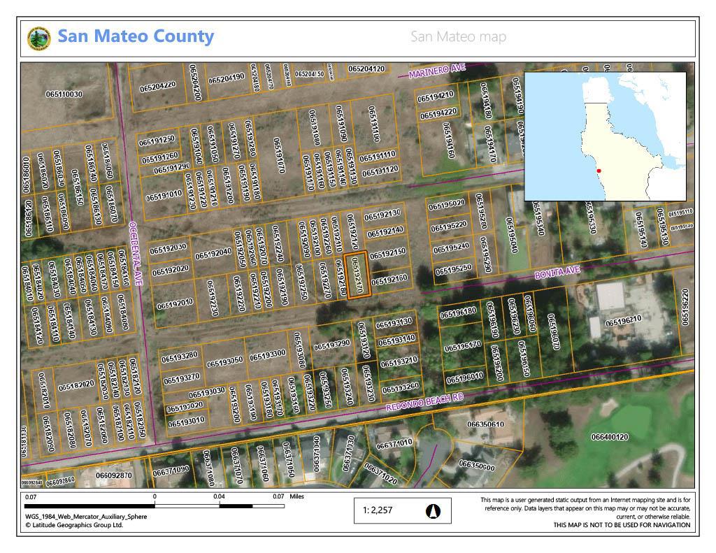 Unimproved lot off of Redondo Beach Rd; south of downtown HMB, west of Hwy 1. Bonita Ave is a paper street; exact location of lot not marked, no utilities. Investment property for possible future development. Buyers to do their own due diligence; contact City of Half Moon Bay with any questions regarding planning and development..