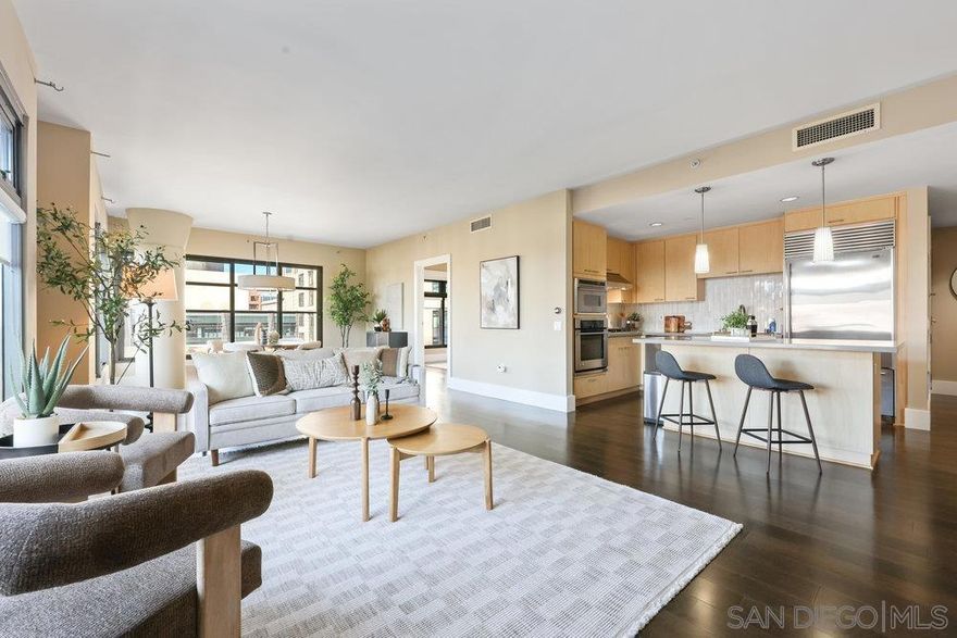 Experience elevated urban living in Renaissance residences, with this turnkey home in the heart of Downtown San Diego’s prestigious Marina District. Chef’s kitchen features Sub-Zero & Viking appliances, Caesarstone surfaces, custom marble backsplash, and pendant lighting. The split floor plan, dual master suites offer walk-in closets with built-in organizers and upgraded bathrooms. The living area showcases expansive paneled windows that dramatically slide open, revealing city views with incredible air and cross winds. Highlights include, engineered wood floors, in-unit laundry and a bonus powder room. Renaissance will soon have a brand new “street level” lobby and new resort style amenities.