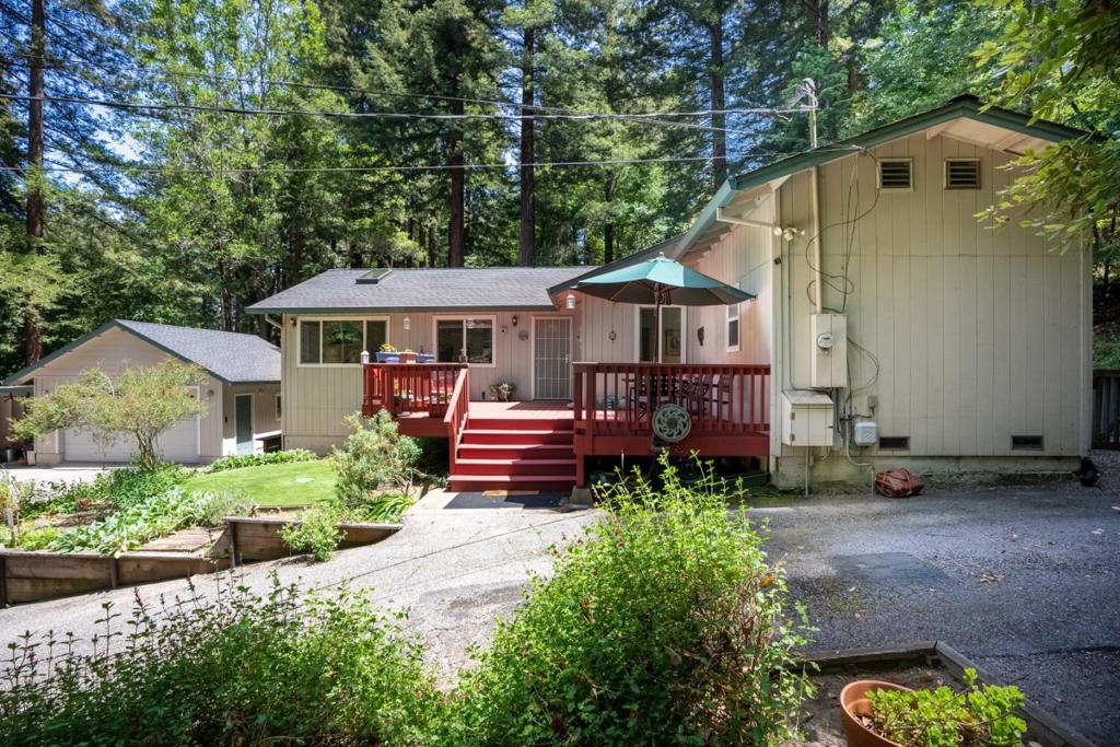 Discover this sunny, single-level gem nestled in the desirable Forest Lakes neighborhood. This home is perfect for entertaining, from the open kitchen, New Refrigerator as of 06/15 & living room w/ a large granite bar countertop & large front porch. Enjoy the natural light throughout, courtesy of large windows, six skylights & ceiling fans. The spacious hallway is ideal for a home office, while the two comfortable bedrooms & two bathrooms offer ample space & privacy. The primary bathroom has a tub/shower, double sinks & large walk in closet, the hall bathroom has recently been remodeled to modern standards & has a large shower. Additional highlights include hi-ceilings, a generator with a propane tank for reliable power, an environmental septic system, a portable A/C unit for seasonal comfort & a laundry/utility room. A 2 car garage w/ an extra room & carport. The paved driveway gives extensive off-street parking can accommodate at least 5 vehicles. Forest lakes is a wonderful neighborhood that has activities at the park all year long, including movie nights under the stars. Cool off at the lake, which is open throughout the summer for those hot days. There is a Dog Swim Day on the final day of the season. Minutes to Henry Cowell Redwoods State Park, local restaurants & shops.