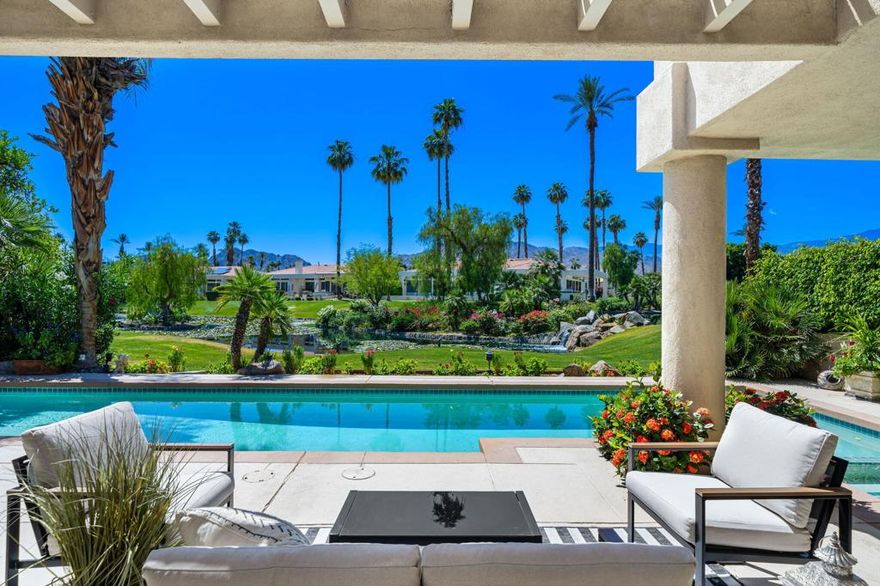 Experience desert luxury at its finest in this charming Indian Wells residence, tucked behind the gates of prestigious Desert Horizons Country Club. From the moment you arrive, a gated front courtyard sets the tone, welcoming you into a home that is equal parts sanctuary and entertainer's delight.Inside, soaring ceilings and a gracious living area are anchored by an elegant fireplace. The updated kitchen and family room showcase breathtaking, south-facing views of a picturesque lake complete with blooming water lilies and the Santa Rosa Mountains beyond. These are views you'll never tire of.The Troon floor plan offers both comfort and flexibility, with two spacious primary suites and a third bedroom currently configured as a cozy den, ideal for quiet moments or media. Designed for seamless indoor-outdoor living, the layout invites al fresco dining, relaxed entertaining, or tranquil evenings under the stars.Whether hosting family and friends or savoring peaceful solitude, this home is filled with ambiance, privacy, and timeless elegance.Just a short golf cart ride away, the newly completed clubhouse, a stunning desert-modern masterpiece, features a restaurant and bar, 8,000 sq ft wellness center, pro shop, and a courts pavilion with 11 pickleball and 2 tennis courts. Immerse yourself in unbeatable desert living--your next chapter begins here. Call today for private showing.