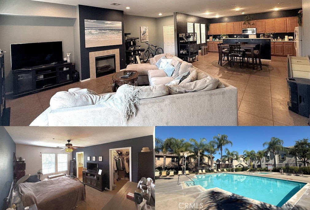 **This Beautiful Condo located in the extremely well-kept Casabella Community is the ideal home!** Spanning 1,696 square feet, this beautifully
designed 2-story, 3-bedroom, 2.5-bathroom condo offers a perfect blend of comfort, style, and convenience. It features an oversized 2-car garage, along with a host of premium amenities. Upon entry, you're greeted by a spacious, open-concept living area that seamlessly connects the dining area, large kitchen, living room, and a cathedral ceiling stairwell to the upstairs bedrooms. The large downstairs living area is complete with access to the attached oversized 2-car garage and sliding glass door to a large low-maintenance private outdoor patio area. The spacious eat in kitchen/dining area boasts tons of gorgeous oak cabinets, chef's kitchen counter-space, a large pantry, bar top island, stainless steel appliances, lots of windows, and plenty of room for a large dining table. You’ll enjoy the modern open concept of the first floor living space with a large family room featuring a cozy fireplace and entertainment area. A generously sized closet and guest bathroom complete the bottom floor. Upstairs there are 3 spacious carpeted bedrooms with ceiling fans and hallway, with 2 bedrooms sharing a full size tiled bathroom as well as a separate tiled laundry space with included washer/dryer. The master suite is a genuine retreat, featuring a private tiled bathroom with double vanity sinks, a spa-style tub, separate shower, walk-in closet, and a beautiful 180-degree 2nd floor view. A private fenced yard with paver flooring is the perfect space for a pet, children to play, or outdoor entertaining! The immaculately well-kept, managed, and patrolled 204 dwelling private Casabella community amenities include a family park, pool, and clubhouse! Nestled in a prime location, this home is close to shopping, a local sports park, and award-winning Temecula schools. Enjoy serene master-suite views of a setback hilltop complete with fitness trail only blocks-away. This is the perfect combination of suburban living with a touch of rural charm.
