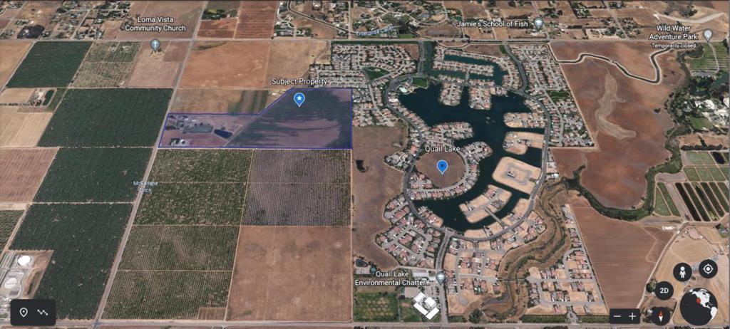 57.1 acres adjacent to the Large Lake Front Development of Quail Lake. Just east of Clovis Sphere of Influence in Sanger. 3 separate APN's (20 acres, 34.1 acres, and 2.39 acres) Property has two homes and 2 shops. Great location for future development!
