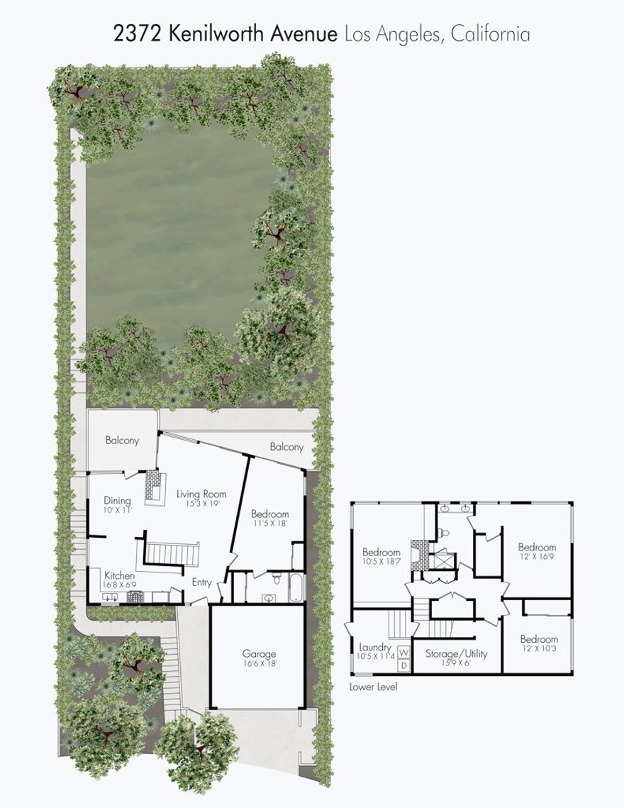 Here is a gift for the Holiday Season! A mid-century gem offering scale, view, and enduring architectural character in prime Silver Lake. Sited along a coveted stretch of Kenilworth Avenue, this 1950s classic captures cinematic vistas of the Silver Lake Reservoir and the San Gabriel Mountains. Iconic mid-century lines, walls of glass, and effortless indoor-outdoor movement to the dining terrace define the home's timeless spirit. Upon entry, sweeping views immediately expand the formal living and dining room. A decorative classic brick, open corner-view fireplace grounds the space with true mid-century presence, enhanced by original soffit lighting and access to two outdoor terraces. The modernized kitchen includes generous cabinetry, abundant counter space, a breakfast area, and views of the front garden and mountains. A full bedroom with ensuite bath on this level opens to a terrace with reservoir, mountain, and treetop outlooks. A magnesite staircase, a hallmark of the era, leads to the warm and functional lower level. Here, a light-filled den with a second decorative fireplace, an original built-in desk, and a floor-to-ceiling bookcase highlights the home's architectural roots. The primary bedroom enjoys reservoir and treetop views and has direct access to the shared hall bath. A third bedroom, hallway lined with abundant built-in storage, and a spacious utility room complete this level. A substantial laundry room offers potential for creative use or a play space that opens directly to the expansive yard. The generous backyard provides room for a pool, outdoor kitchen, playground, a dedicated workspace, or full ADU. There is a spacious garage with room for storage and one large vehicle or two small cars. A special opportunity to live in an iconic pocket of Silver Lake, just moments from the reservoir path, meadow, and the neighborhood's beloved cafes and hotspots.