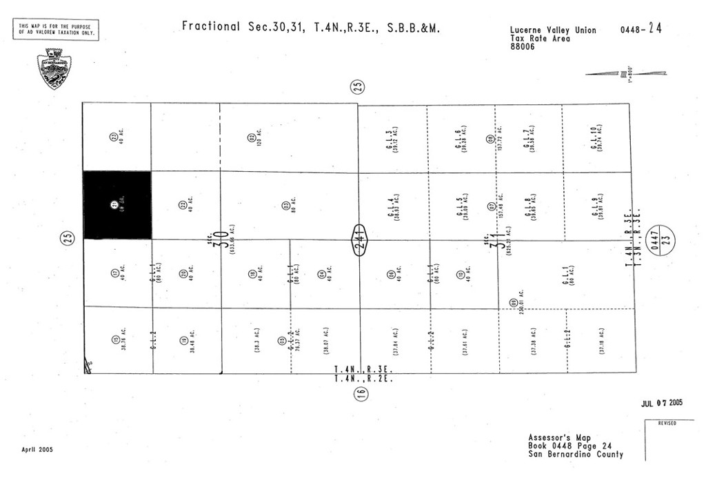 Land for sale in Lucerne Valley, San Bernardino California. This could be the ideal location to get away from the city crowd and experience rural living and open spaces. 40 acres flat/level lot with rural living land for sale now in Lucerne Valley just south of Bessemer Mine Road. Enjoy the beautiful sunrise, sunsets and starlit skies at night. This lot is close to paved Old Woman Springs Road (Highway 247), (just a couple lots in) and only minutes from the center of town and it's located south of Dry Soggy Lake and west of Johnson Valley. This may have the room to build or to bring the toys to your private desert playground. Parcel number is 0448-241-21-0000. Latitude and longitude coordinates are: 34.410482,-116.708105