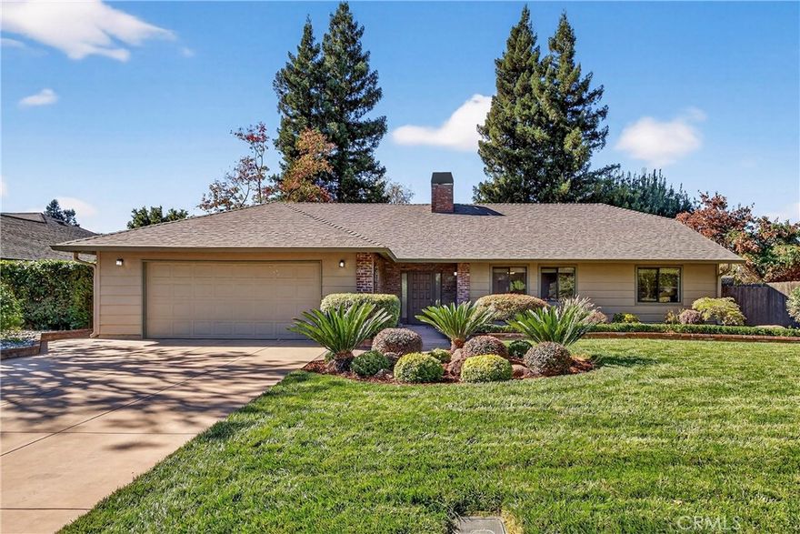 Beautifully cared for home in a desirable cul-de-sac within the peaceful Walnut Woods Subdivision. Immediately you notice the beautifully landscaped front yard and space for parking. As you enter the home you find that the family room has a wood fireplace and a stunning arched and beamed wooded ceiling. The skylights, French doors and large windows provide ample natural light. From both the Family room and dining area you look out to a gorgeous and maturely landscaped backyard haven. Also in the family room you will find a built-in storage bookshelf, with a bench seat. The kitchen has some updated touches with newer counter tops, a gas range, and an eating bar. The primary bedroom suite also has a arched ceiling, generous walk-in closet and access to the backyard. Sitting on your back patio is pure joy! From the thick, dark green lawn, to the beautiful bushes and amazing mature trees, it is incredibly peaceful and also a fantastic place for gatherings and fun. Love to garden? There is plenty of space and the awesome west Chico soil. This home has custom built characteristics, is spacious yet feels tremendously cozy. The HVAC system was replaced in 2024, there is a septic and pest clearance and the brand new roof and fresh interior paint throughout, create the perfect shell and canvas to make this home your own. Make an appointment with your favorite Realtor today and come see the possibilities.
