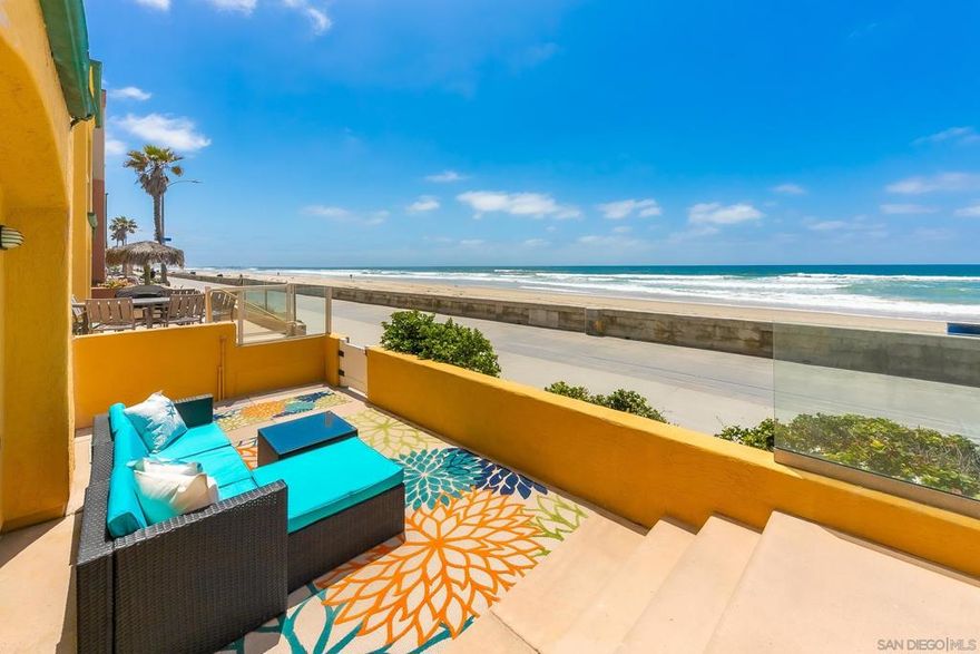 Welcome to your dream coastal getaway! Nestled in the heart of Mission Beach at 3537 Ocean Front Walk, this stunning 3-bedroom, 2.5-bathroom condo offers the perfect blend of luxury and comfort. Spanning 1,605 square feet, this duplex-style home is full of breathtaking ocean views and stunning sunsets.  The combination of an exclusive-use ground floor patio and an ocean front 2nd floor primary suite is very rare and highly sought after.  Step inside to a beautifully renovated interior where every detail has been meticulously attended to. The chef's kitchen is a culinary delight, showcasing a modern design with quartz countertops, a breakfast bar, and top-of-the-line appliances. Whether you're hosting a dinner party or enjoying a quiet meal, the open eat-in kitchen and dining area offer versatile options. The spacious primary ensuite is your private oasis, featuring a windowed bathroom with a double sink, soaking tub, and separate shower, inviting you to unwind after a day at the beach.  Enjoy seamless indoor-outdoor living with an elevated deck perfect for entertaining or simply soaking up the sun. With tile and luxury vinyl plank floors throughout, recessed lighting, and the comforts of air conditioning, along with in-unit washer and dryer, this condo truly has it all. Don't miss this rare opportunity to own a piece of San Diego's coveted oceanfront real estate.  Welcome to your dream coastal getaway! Nestled in the heart of Mission Beach at 3537 Ocean Front Walk, this stunning 3-bedroom, 2.5-bathroom condo offers the perfect blend of luxury and comfort. Spanning 1,605 square feet, this duplex-style home is full of breathtaking ocean views and stunning sunsets.  The combination of an exclusive use ground floor patio and an ocean front 2nd floor primary suite is very rare and highly sought after.  Step inside to a beautifully renovated interior where every detail has been meticulously attended to. The chef's kitchen is a culinary delight, showcasing a modern design with quartz countertops, a breakfast bar, and top-of-the-line appliances. Whether you're hosting a dinner party or enjoying a quiet meal, the open eat-in kitchen and dining area offer versatile options. The spacious primary ensuite is your private oasis, featuring a windowed bathroom with a double sink, soaking tub, and separate shower, inviting you to unwind after a day at the beach.  Enjoy seamless indoor-outdoor living with an elevated deck perfect for entertaining or simply soaking up the sun. With tile and luxury vinyl plank floors throughout, recessed lighting, and the comforts of air conditioning, along with in-unit washer and dryer, this condo truly has it all. Don't miss this rare opportunity to own a piece of San Diego's coveted oceanfront real estate.