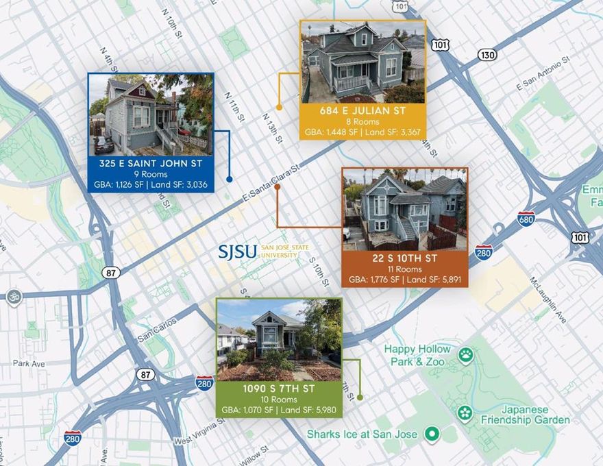 PORTFOLIO OF FOUR PRIME PROPERTIES IN CENTRAL SAN JOSE! One Duplex & three Single-Family Homes consisting of 38 income producing Single-Room Occupancy (SRO) Units in walkable neighborhoods near downtown San Jose and San Jose State University. Each home features private bedrooms within a shared living environment designed for students, service workers, and young professionals seeking affordable, centrally located housing - 80% of current tenants are SJSU students. Addresses in order of appearance in Photos: 684 Julian St - 8 bedrooms + 3 bathrooms (fully renovated single-family home including newer ADU converted from garage). 22 S 10th St - 11 bedrooms + 4 bathrooms (Duplex). 325 E Saint John St - 9 bedrooms + 3 bathrooms (SFR). 1090 S 7th Street - 10 bedrooms + 5 bathrooms (SFR). In-place rents average 30% below market, offering a clear path to higher cash flow and a significant add-value opportunity for a new owner to make modest unit & common area improvements as turnovers occur and increase cash flow. All four properties offer parking (some permits) & storage spaces. In-place utility reimbursements for all tenants. With over 1 million residents and 36,000+ students at San Jose State University, demand for centrally located, affordable housing continues to outpace supply.