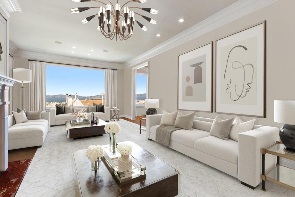 Extraordinary corner residence with GG Bridge views reminiscent of a London townhouse. 3 floors connected by a beautiful staircase with wood panel detailing. Opportunity for multigenerational living with 2 units + a guest apartment or office. The top 2 floors enjoy sweeping bay views and sophisticated entertaining in the formal living and dining rooms. The pent room features a cozy bar and large office with magnificent bay views. Enjoy sunset and outdoor entertaining on the wind-protected roof deck. 3 beds including the spacious primary suite with dressing room and en-suite bath on this level. The 2nd floor has fabulous space and volume with a large living room, formal dining room, kitchen, 3 bedrooms, 2 full baths and 1 half bath, and magnificent views. The 1st floor has a grand foyer, guest apartment, and spacious deck. Elevator to all 3 levels, formal garden, 3-car garage +2 driveway spaces. Best of Cow Hollow living. Walk to Union St shops/dining, Presidio blocks away.