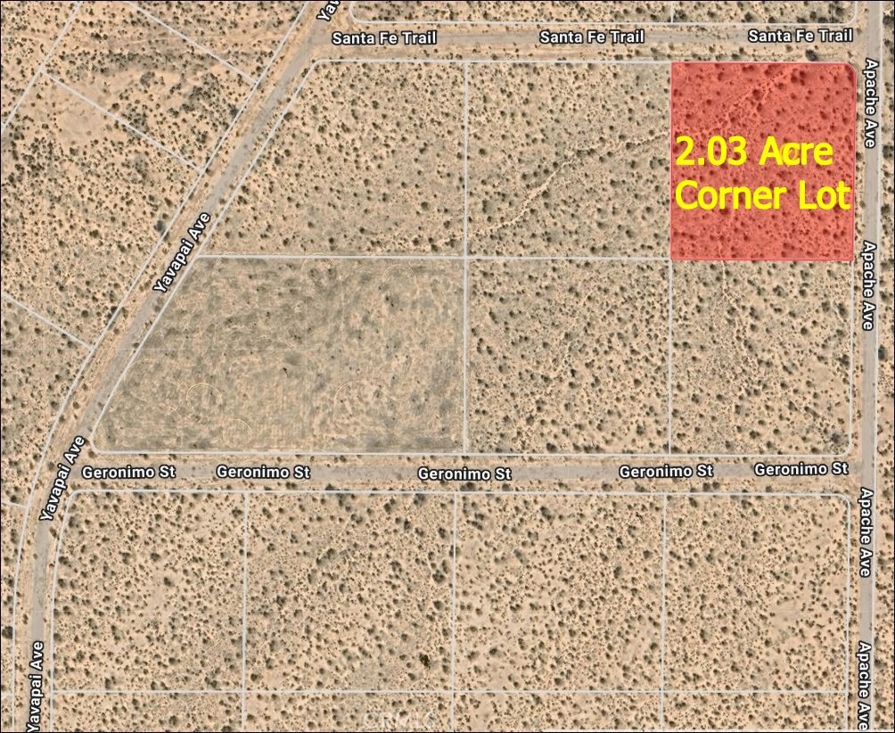 This 2.03 acre corner lot only 1 mile west of Highway 395 is flat and don't have any Joshua Trees, this lot is really close to highway 395, easy to find and you don't need a 4x4 vehicle to get there, it is very easy to find, if you going north on Highway 395 from Shadow Mountain Rd, just drive 5.2 miles to Wheeler Rd, pull to the side to safely make a left on Wheeler Rd, then just drive for one mile to Apache Trail which is only a mile from Highway 395, and is the first street you will see to your left, make a left on Apache Ave, and drive less than one mile to the corner of Apache Ave and Santa Fe Trail which is only about 0.8 of a mile distance from Wheeler Rd, coordinates are 395 34.799190, -117.508441 adjacent lot is also available and can be purchase together and save. The lot is pretty much flat, this may be a good investment to keep your money safe, while maintaining a pece real estate in your portfolio, this lot is just a short driving distance to Victorville to the south or to Helendale to the east, from where you can easily travel north to Barstow or all the way to Las Vegas or north on Highway 395 all the any cities in the northern California. The High Desert is now the future home of the recently approved High Speed Train from Apple Valley to Las Vegas and to the south to Rancho Cucamonga. The project is expected to break ground in the Victor Valley soon and be completed in over the course of the next few years, this projected is expected to bring in jobs and boost the economy of the High Desert.