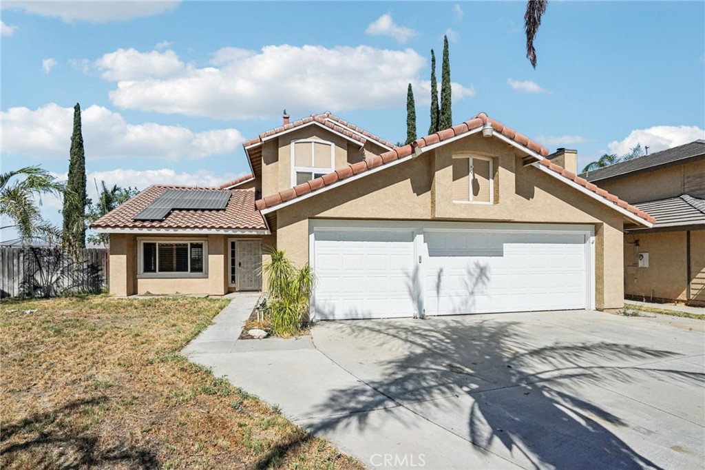 This stunning two-story home has it all—owned solar, no HOA, low taxes, and a 10,890 sq ft lot with mountain views on a quiet cul-de-sac. Inside enjoy soaring ceilings, an open floor plan, a cozy fireplace, and a beautifully updated kitchen with granite countertops, stainless steel appliances, and a breakfast bar. Relax in your backyard oasis featuring a sparkling pool and spa, a screened-in patio, and plenty of room to entertain. The main floor offers a bedroom and full bath perfect for guests or multi-gen living while the spacious primary suite upstairs boasts an en suite bath, dual vanities, and walk-in closet. With a 3-car garage, elegant wood shutters, and a prime location near markets, Mt. San Jacinto College, and Hwy 79, this home checks every box. Don’t wait this one won’t last!
