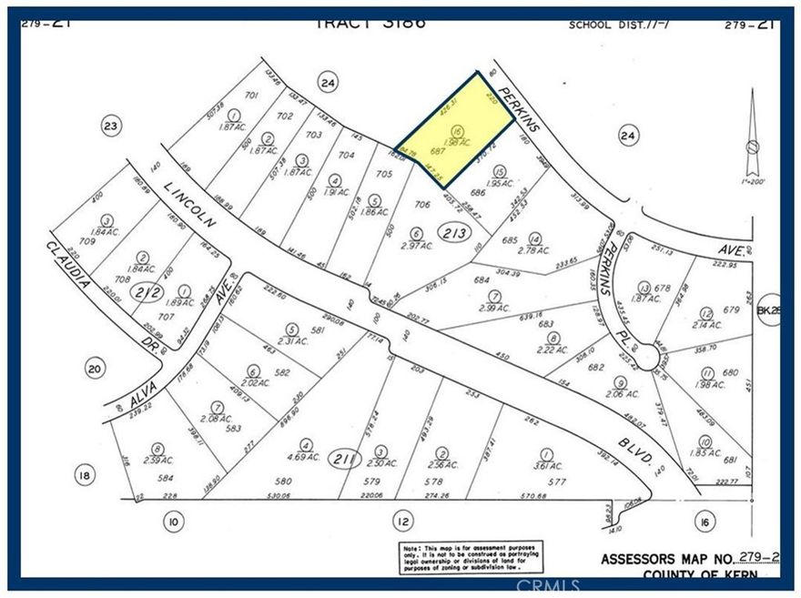 Lot 687 Map 3186, 1.98 Acres, (Apn: 279-213-16-001)  GPS: 35.2107, -117.79431  on Perkins Ave in California City, CA. California City is 18 miles northwest of Edwards Air Force Base, 40 miles north of Lancaster and 28 miles east of Tehachapi. The property is 0.3 miles south of Rutgers Rd and 1.5 miles north of 20 Mule Team Pkwy. California City has zoned this property as R4 Residential. According to the City the following uses are permitted: Single Family Dwellings, riding stables, corrals and animal keeping.  No utilities are currently available to this lot. Electricity is approx 1 mile east. Please check with the City for water and sewer distance. Use the GPS coordinates to locate the property. GPS: 35.2107, -117.79431